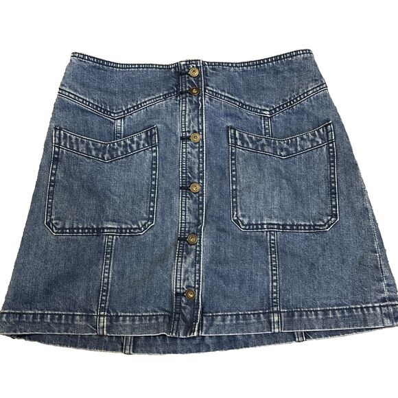 Free People Womens Blue Denim Jean Mini Skirt Button Up Pockets Sz 8 - Picture 1 of 6